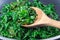 Wilted arugula or rocket salad, preparing a side dish to steak, in frying pan, horizontal