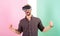 Win game. Man unshaven guy with VR glasses involved in cyber space, pink background. Hipster use modern technologies