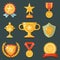 Win Gold Awards Symbols Trophy Icons Set Flat Design Vector Illustration
