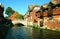 Winchester river Itchen bridge and old town, Hampshire, UK, on a