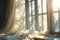 wind blows through the open window in the room. Waving white tulle near the window. Morning sun lighting the room, shadow