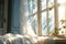 wind blows through the open window in the room. Waving white tulle near the window. Morning sun lighting the room, shadow