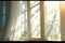 wind blows through the open window in the room. Waving white tulle near the window. Morning sun lighting the room, shadow