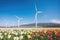 Wind farm with tall wind turbines for generating electricity on the field with tulips