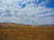 Wind farm, view of hundreds of wind trubines in mountainous fields in California.