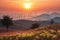 Wind generators turbines at sunset.