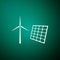 Wind mill turbines generating electricity and solar panel icon isolated on green background. Energy alternative, concept