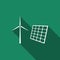 Wind mill turbines generating electricity and solar panel icon isolated with long shadow. Energy alternative, concept of