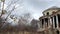 The wind moves a piece of cloth on the safety-fenced staircase of an old abandoned manor house