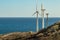 Wind power stations. A row of turbines near the seashore. Wind farm eco field. Eolic park with blue sky in background. Green,