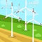 Wind power turbines and windmills vector illustration. A landscape with greenfields and turbines that transforms the