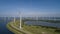 Wind turbine from aerial view, Drone view at windpark krammersluizen a windmill farm in the lake grevelingen in the Netherlands,