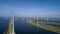 Wind turbine from aerial view, Drone view at windpark krammersluizen a windmill farm in the lake grevelingen in the Netherlands,