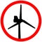 Wind turbine area circular prohibition red road sign on white background