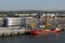 Wind turbine blade assembly area and loading cargo ship in Belfast Docks Northern Ireland.