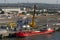 Wind turbine blade assembly area and loading cargo ship in Belfast Docks Northern Ireland.