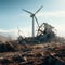 wind turbine farm built in the wreckage, renewable energy in a barren world,