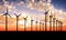 Wind turbine farm over sunset