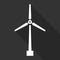 Wind turbine icon with long shadow, windmill silhouette, white isolated on black background, vector illustration.