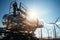 Wind Turbine Maintenance. Technicians Performing High Above Ground Wind Turbine Maintenance Work