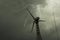 Wind turbine and radio tower with dangerous storm clouds