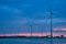 Wind turbines in Antwerp port in the evening