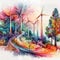 Wind turbines on the background of an autumn landscape, generative ai