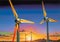 Wind turbines at beautiful sunset. Alternative energy source. Conceptual image, generative ai