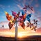 Wind turbines with colorful butterflies
