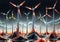 Wind turbines in the desert. Renewable energy concept. 3D rendering, generative ai
