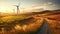 Wind turbines in a field a sunrise or sunset over a horizon filled with renewable energy sources like wind turbines and solar