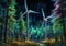 Wind turbines in the forest at night, 3d rendering. Computer digital drawing., generative ai