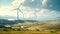 Wind turbines generate electricity at sunrise, Wind farm with tall wind turbines to generate electricity