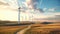 Wind turbines generate electricity at sunrise, Wind farm with tall wind turbines to generate electricity