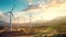 Wind turbines generate electricity at sunrise, Wind farm with tall wind turbines to generate electricity