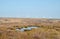 Wind turbines on high pennine moorland taken from midgley moor with peat bog ponds and pennine landscape