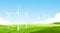 Wind turbines on meadow flat vector illustration. Wind energy converter. Renewable resource. Energy industry and power