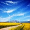 Wind turbines on spring field. Alternative, clean energy