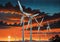 Wind turbines at sunset. Alternative energy source. 3D rendering, generative ai