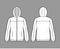 Windbreaker jacket technical fashion illustration with hood, oversized, long sleeves, welt pockets, zip-up opening