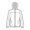 Windbreaker jacket technical fashion illustration with hood, oversized, long sleeves, welt pockets, zip-up opening