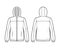 Windbreaker jacket technical fashion illustration with hood, oversized, long sleeves, welt pockets, zip-up opening