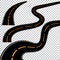 Winding curved road or highway with markings. Direction, transportation set. Vector illustration