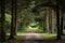 A winding dirt road cuts through a dense forest, surrounded by tall trees and a natural canopy of leaves, An entrance framed by