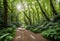 A winding forest path meanders through the lush greenery, dappled sunlight filtering through the canopy above, creating