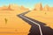 Winding highway in desert. Old asphalt road going through yellow sands with cactuses