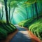 A winding path through a dense with rays of sunlight peeking through the canopy Digital Illustration