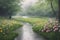 A winding path leads through a vibrant field of wildflowers under a gentle rain