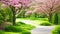 A winding path meanders through a vibrant green park, offering a picturesque view of the serene surroundings, A wavy pathway