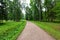 Winding Path through a tranquil verdant park with lawn and tall green trees in summer day for walking and relaxing and